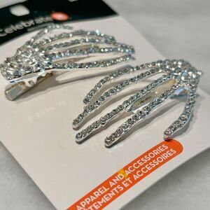 NWT Celebrate It Halloween Skeleton Hands Rhinestone Hair Clips Pair Silver OS
